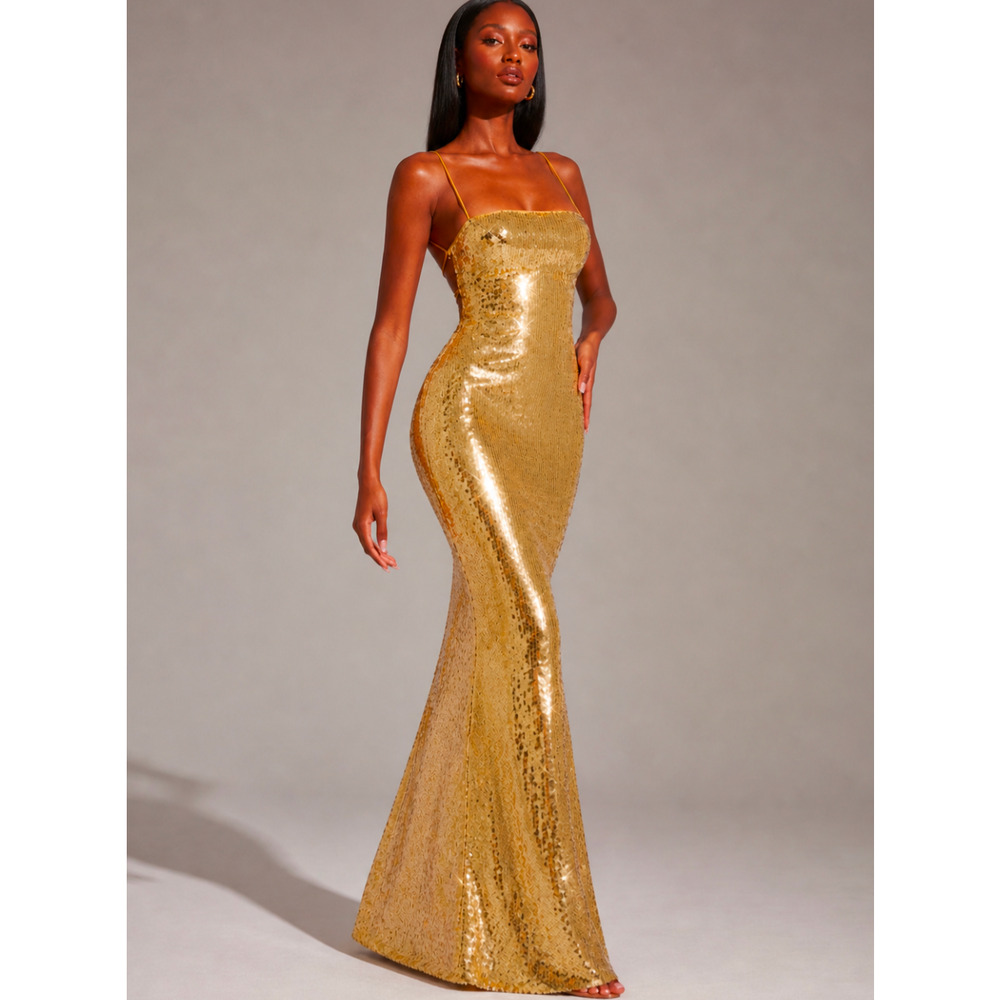 Babyboo Atari Gold Sequin Lace Up Maxi Dress Size XS